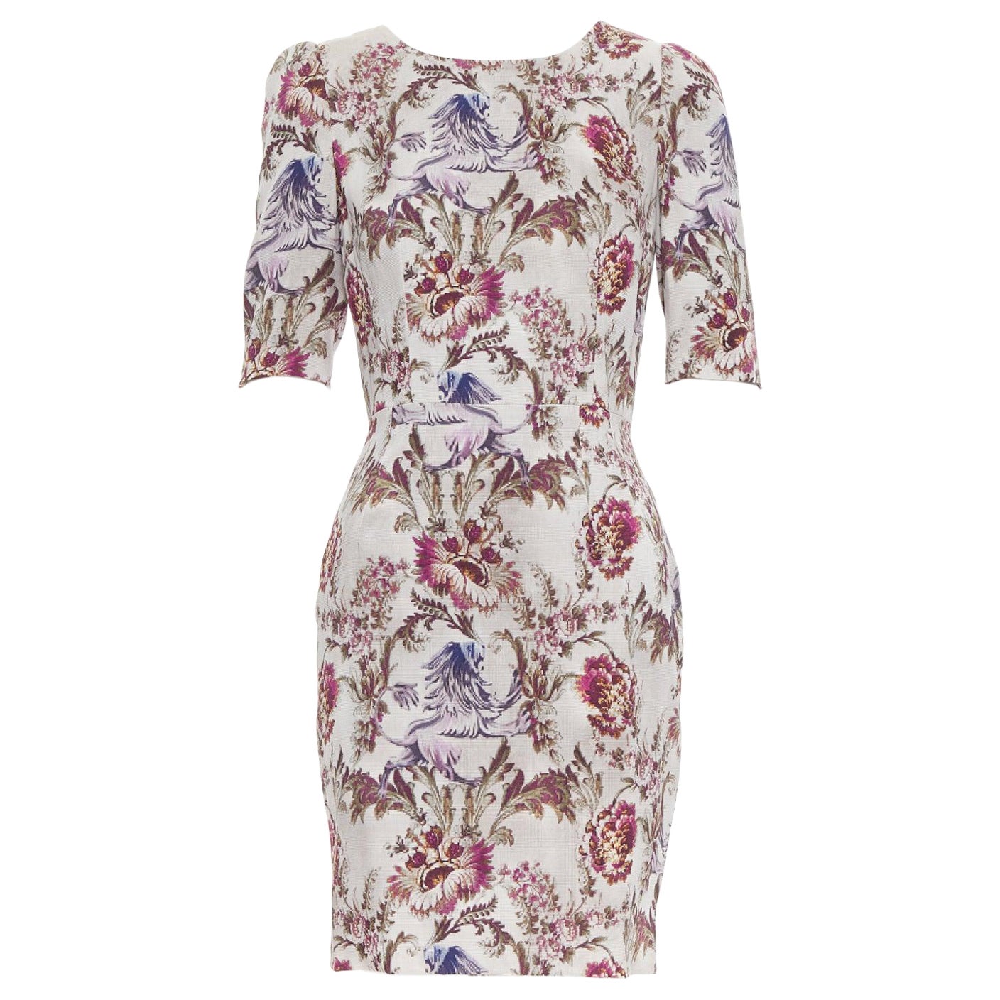 DOLCE GABBANA purple grey silk Barocco flower print sheath dress IT42 M For Sale