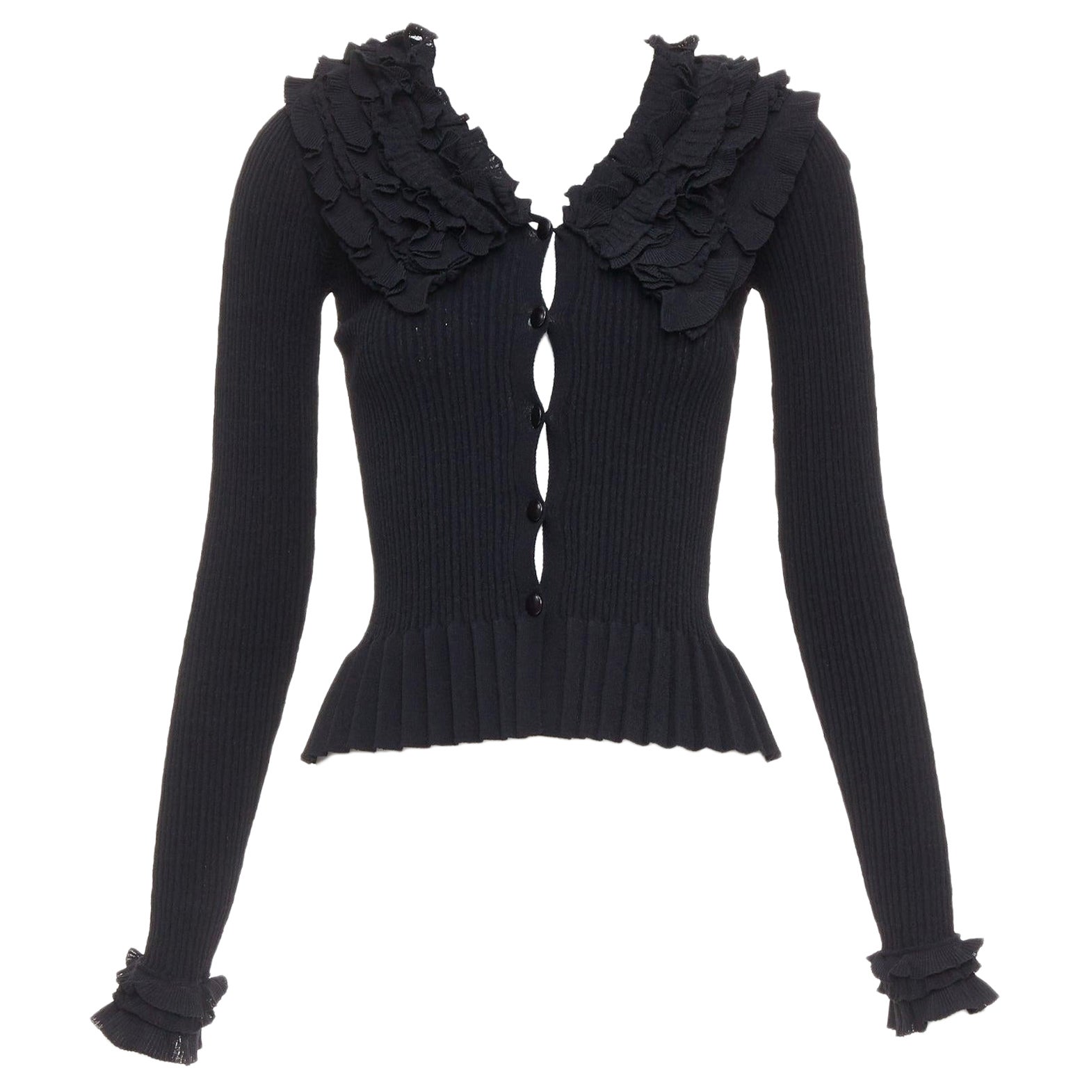 LOUIS VUITTON black ruffle collar cuffs ribbed long sleeves cardigan XS For Sale