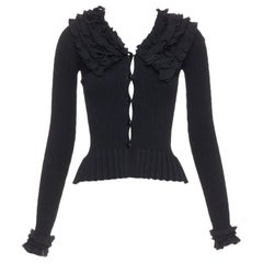 LOUIS VUITTON black ruffle collar cuffs ribbed long sleeves cardigan XS