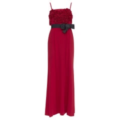 VALENTINO red Rosette ruffle boned bust black bow belt midi gown IT40 S