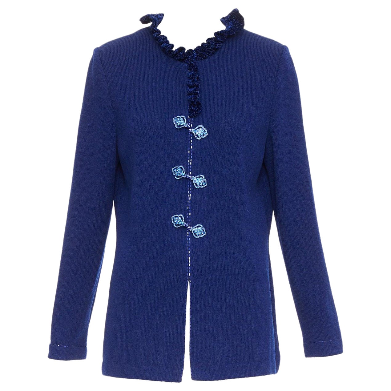 ST JOHN Evening Vintage royal blue crystal chinoiserie cardigan coat US10 XL For Sale