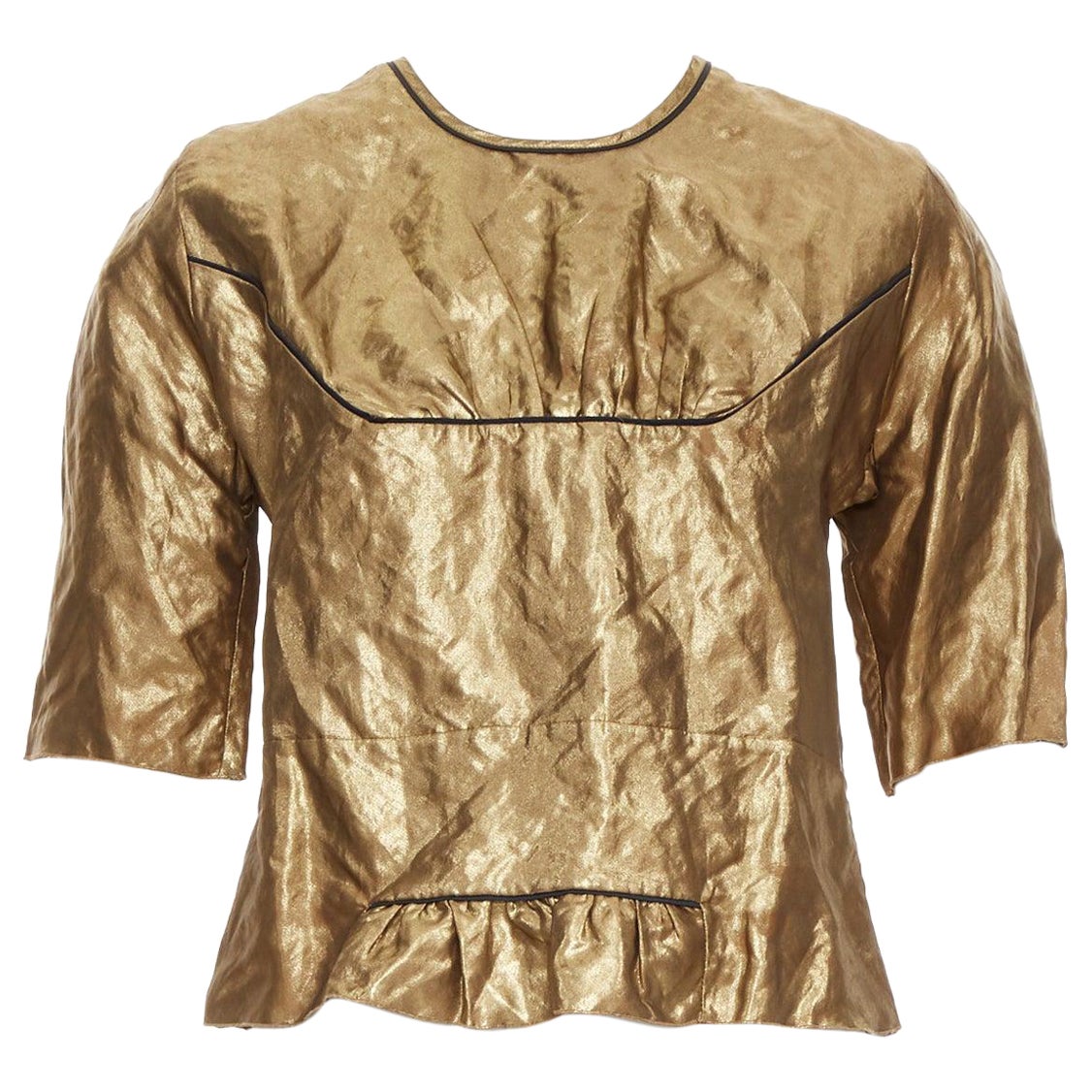 MARNI 2010 metallic gold coated black piped boxy half sleeved cropped top IT40 S For Sale