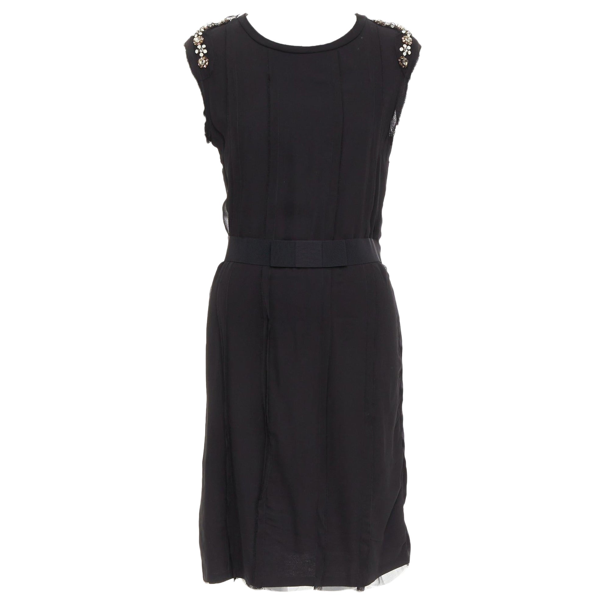 LANVIN black bamboo cotton crystal rhinestone belted dress M For Sale