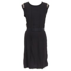 LANVIN black bamboo cotton crystal rhinestone belted dress M