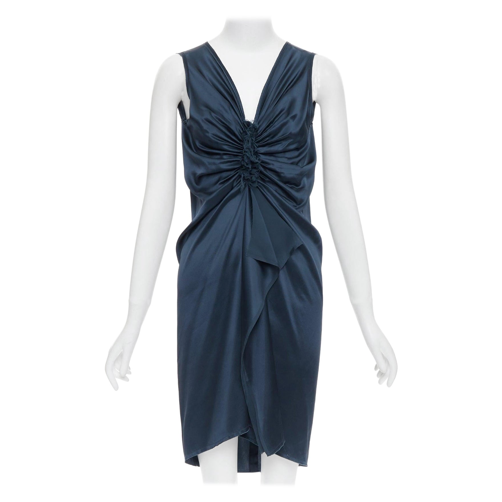 LANVIN 2007  Alber Elbaz  midnight blue silk gathered ruched draped dress FR38 M For Sale