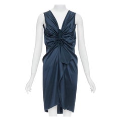 LANVIN 2007  Alber Elbaz  midnight blue silk gathered ruched draped dress FR38 M