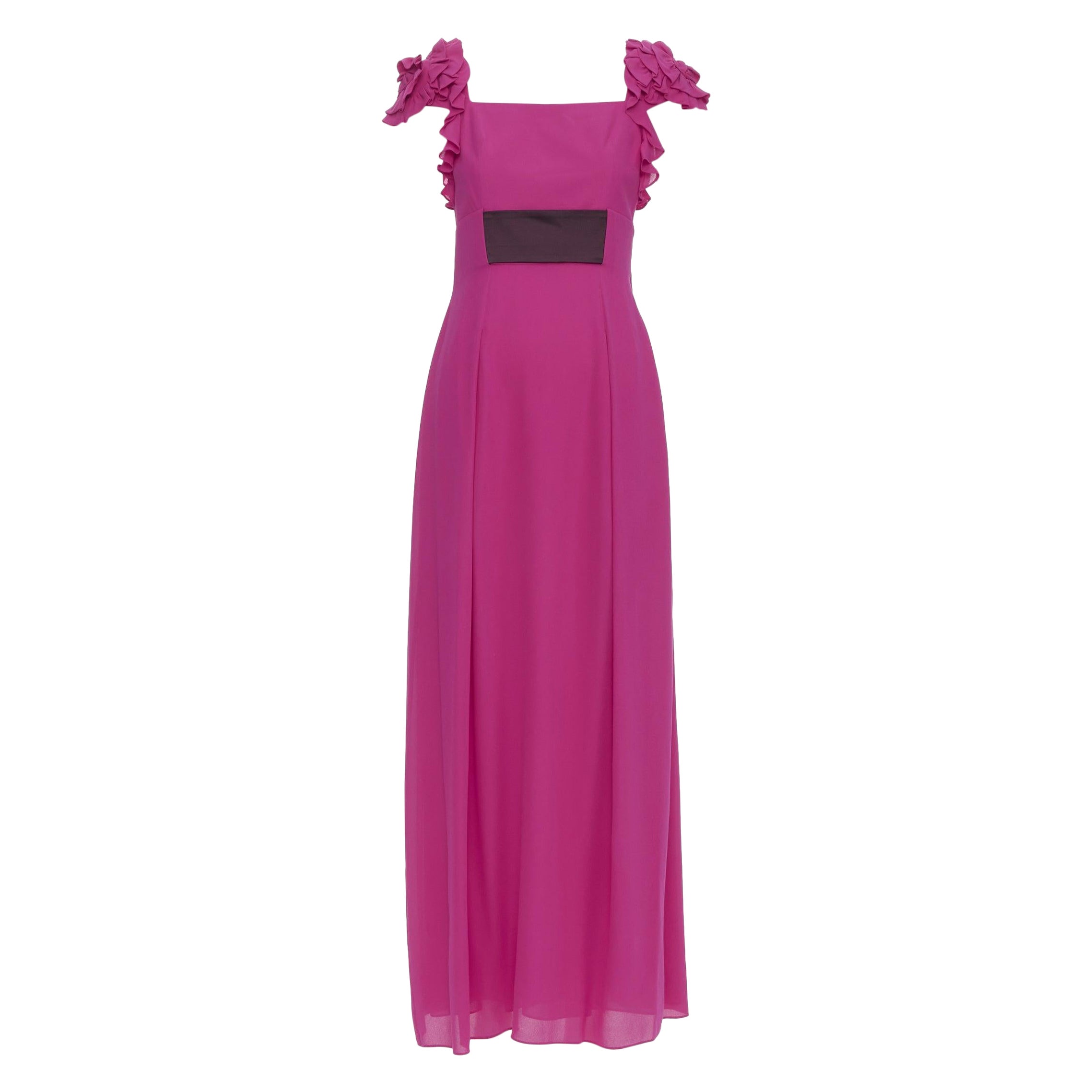 ESCADA Vintage fuchsia pink black silk rose applique midi gown FR34 XS For Sale