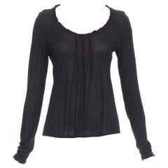GUCCI 2006 Vintage black red overstitch nylon modal scoop neck plisse top M