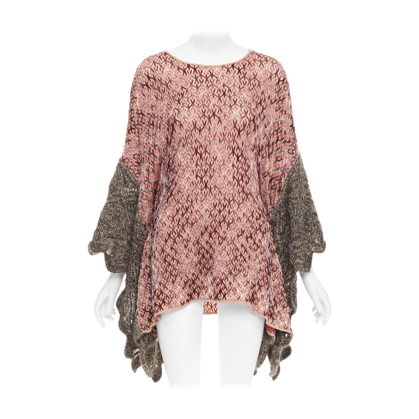 MISSONI red brown wool blend signature chevron contrast knit poncho sweater For Sale