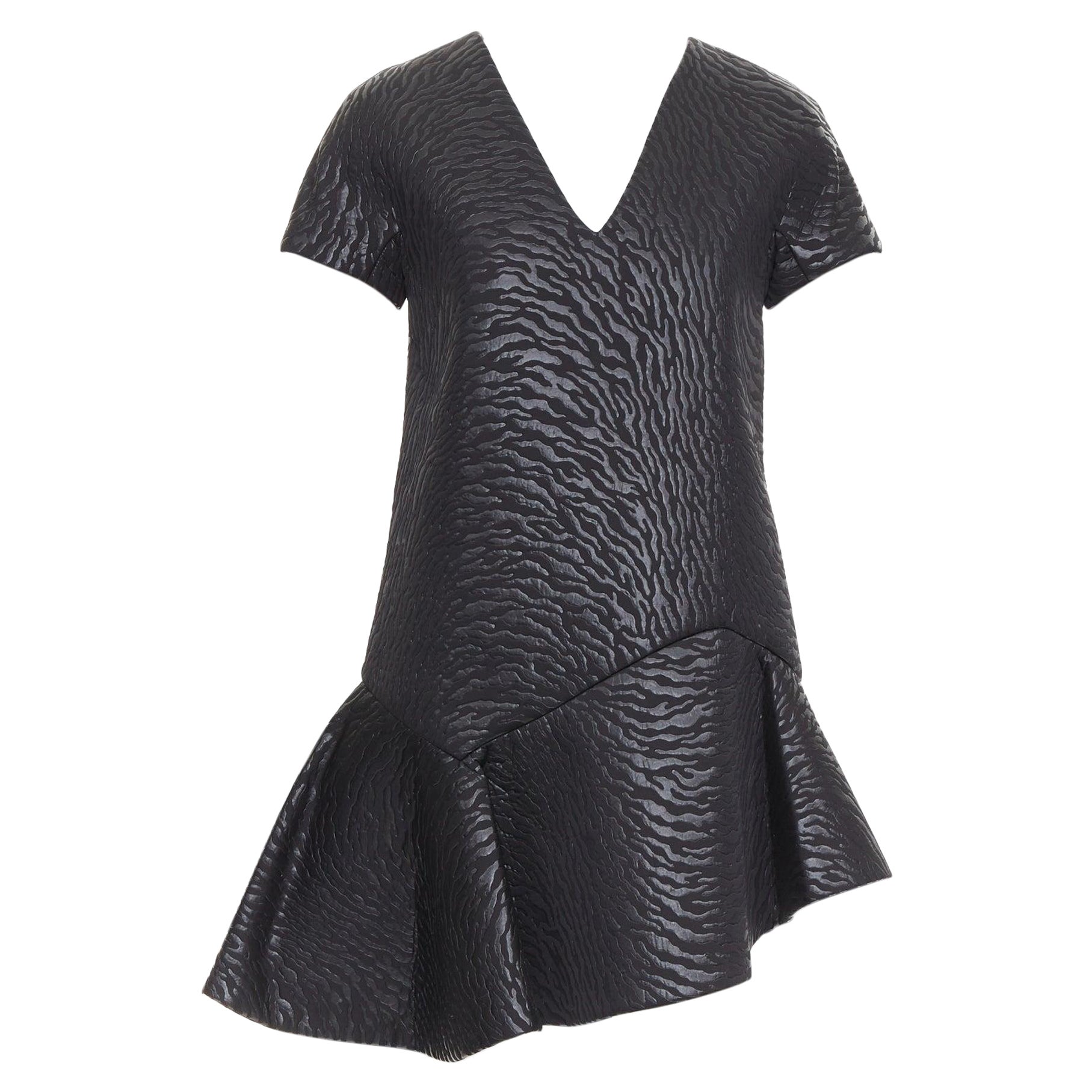 MSGM black tiger stripe neoprene asymmetric flounce mini dress IT42 M For Sale