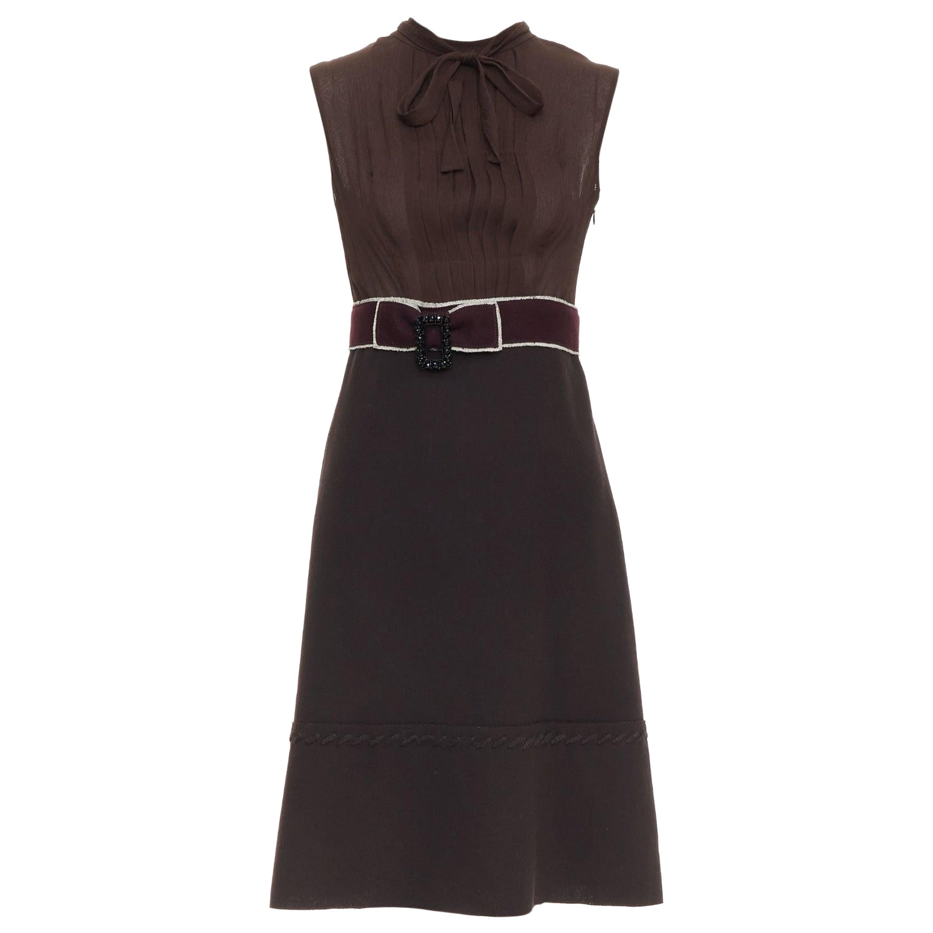 PRADA Vintage brown 100% silk chiffon crystal buckle crepe belted dress IT42 M For Sale