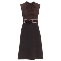 PRADA Vintage brown 100% silk chiffon crystal buckle crepe belted dress IT42 M