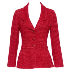 ST JOHN COUTURE red metallic tweed knit crystal buttons peplum blazer US6 M
