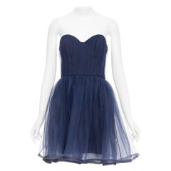ALICE OLIVIA Landi Gathered navy tulle sheer overlay silk trimmed babydoll dress