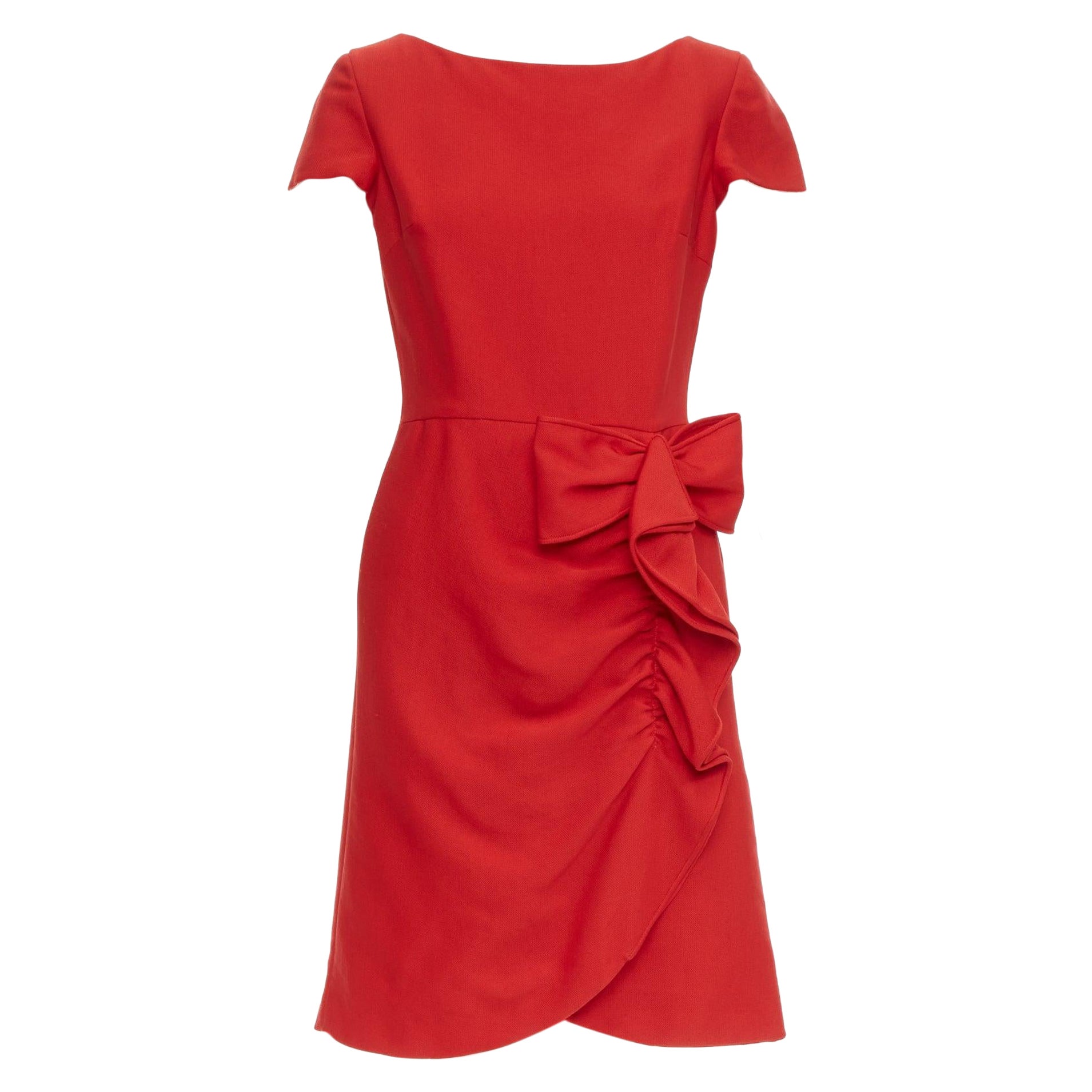 VALENTINO red silk ribbon bow ruffle drape cap sleeves dress US6 M For Sale