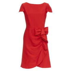 VALENTINO red silk ribbon bow ruffle drape cap sleeves dress US6 M