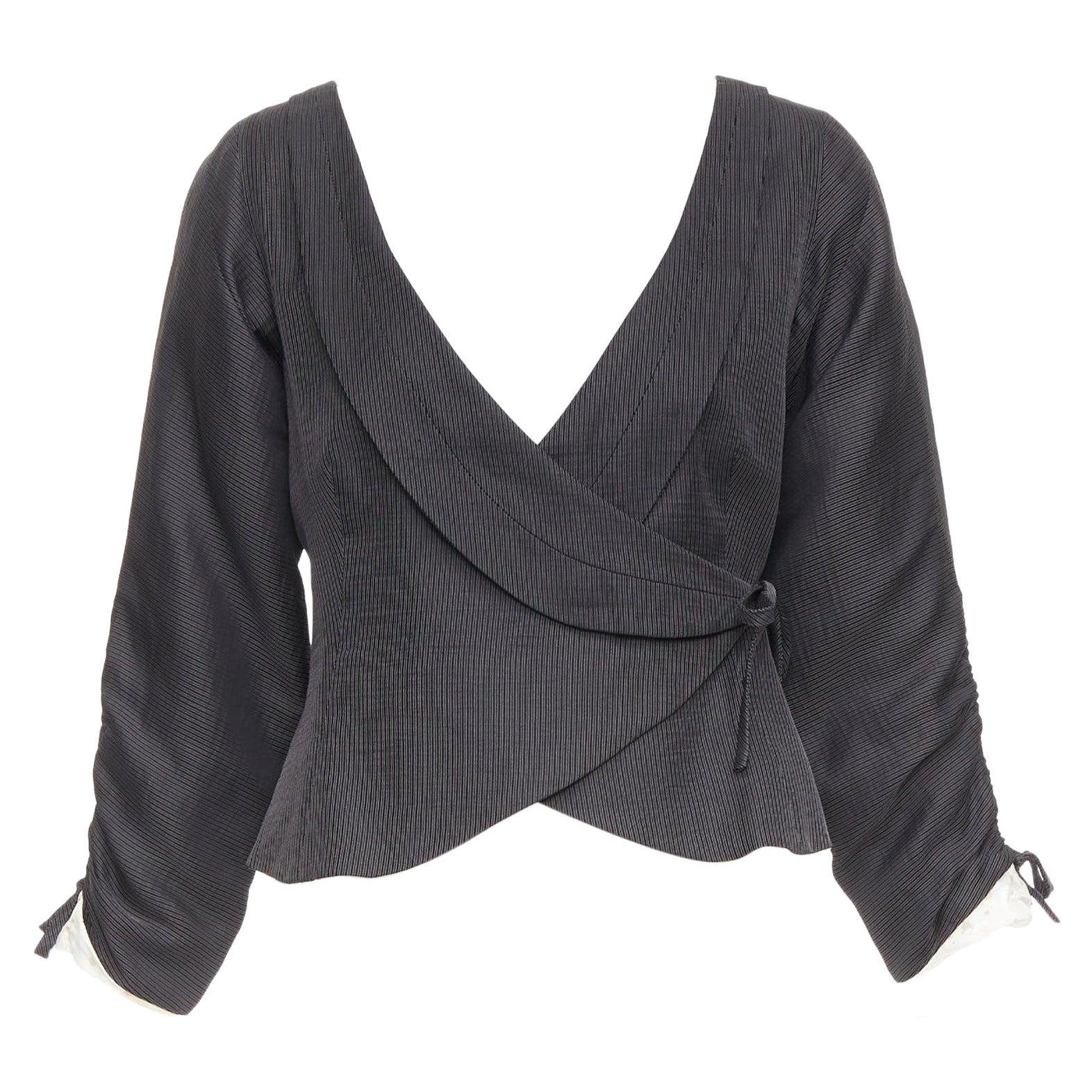 GIORGIO ARMANI grey ramie blend ruched kimono wrap crop blazer IT38 XS For Sale