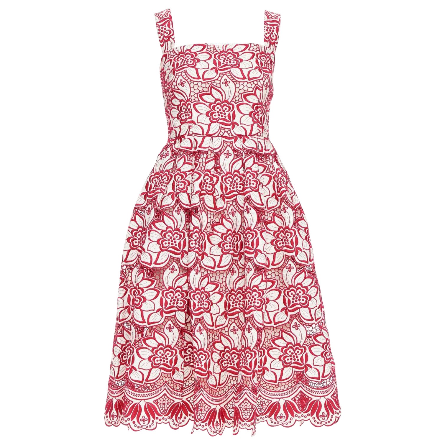 DOLCE GABBANA 2021 red cream floral embroidery anglais flared sun dress IT38 XS For Sale