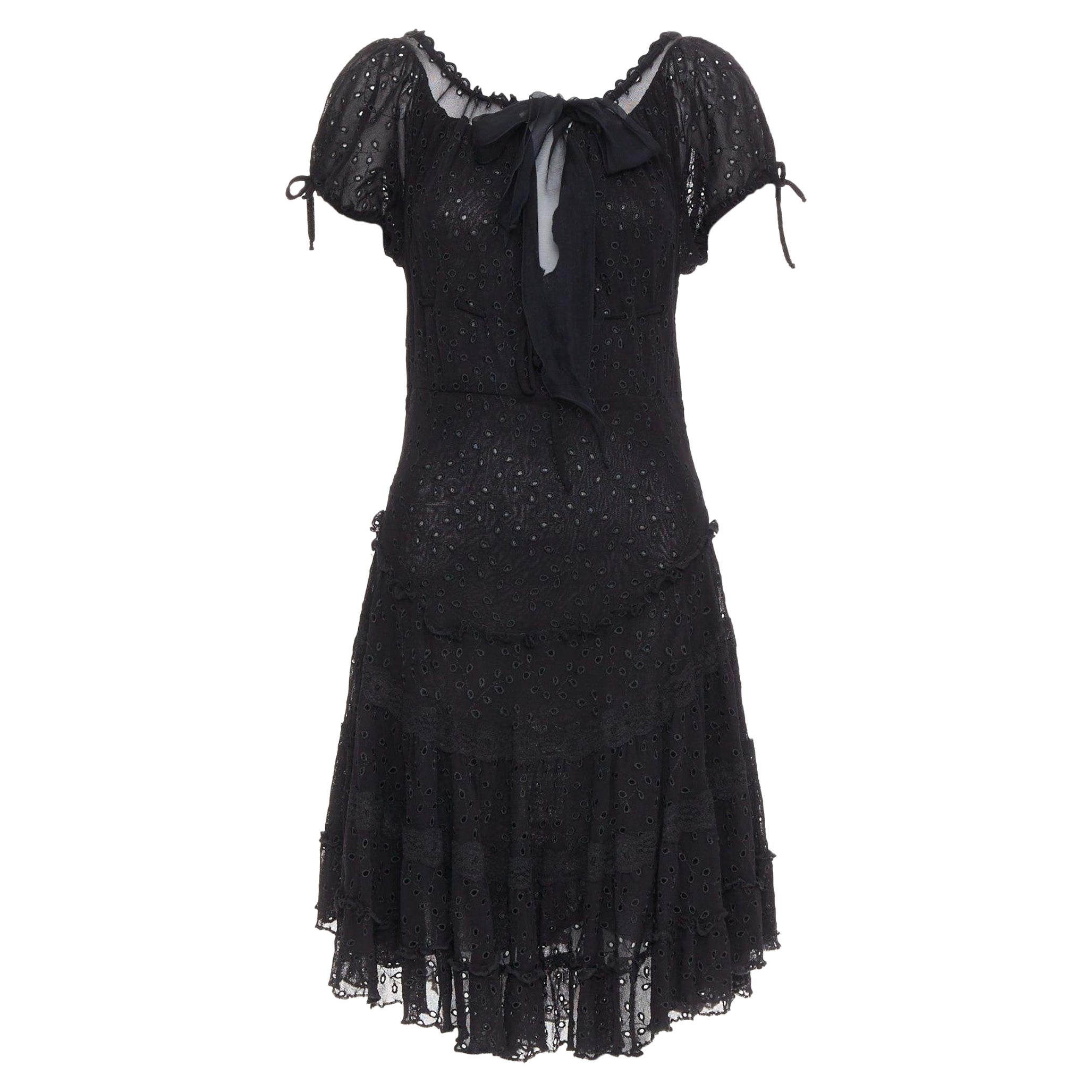 JEAN PAUL GAULTIER MAILLE FEMME Vintage black eyelet ruffle self tie dress M For Sale