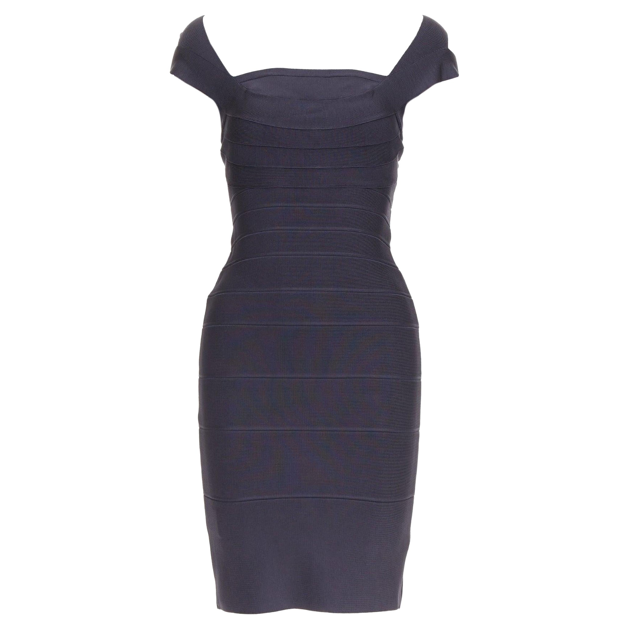 HERVE LEGER dark blue square neck bodycon bandage dress XXS For Sale
