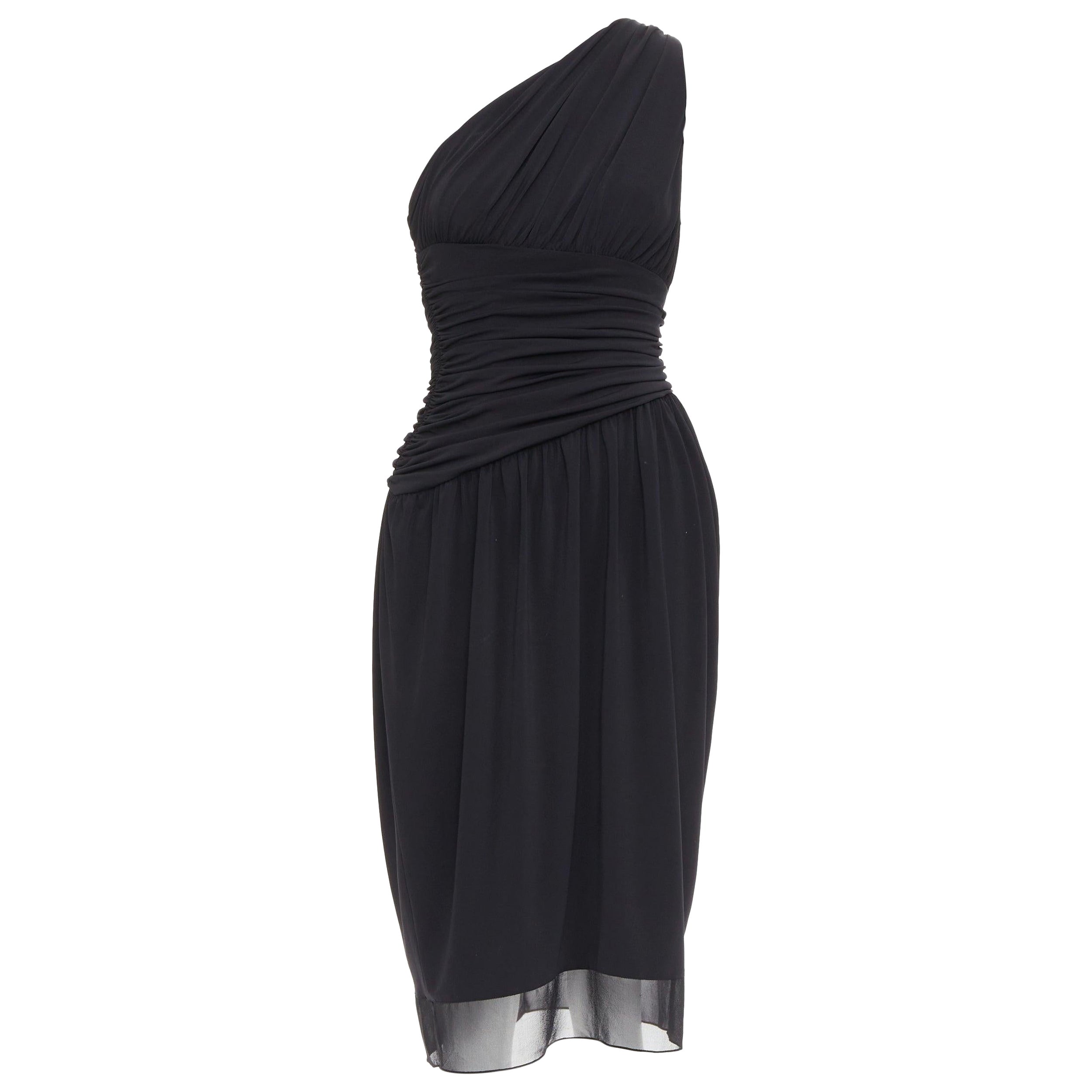 VERA WANG Vintage black one shoulder ruched waist silk lined dress US2 S For Sale