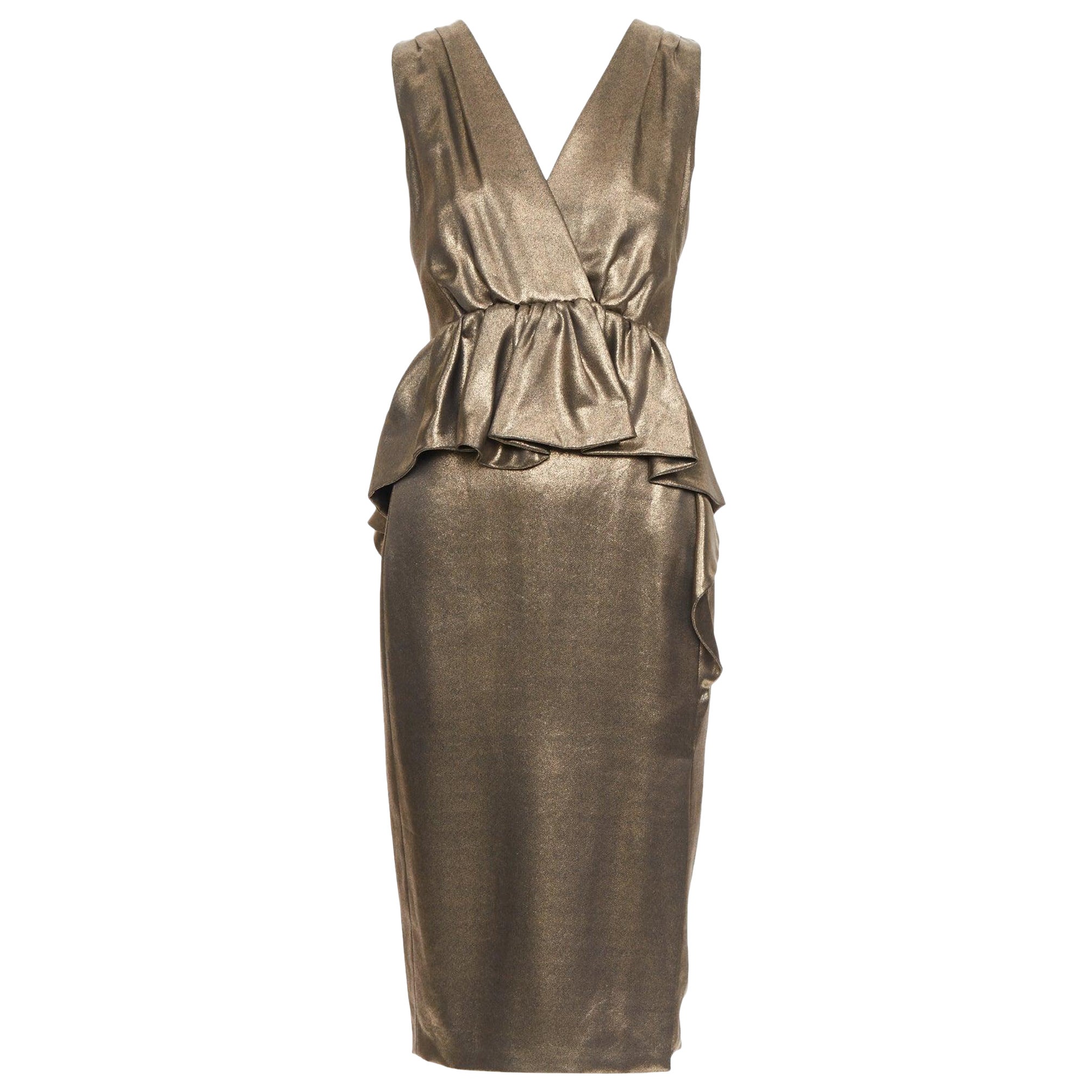 MOSCHINO rustic metallic gold draped peplum V-neck midi cocktail dress IT40 S For Sale
