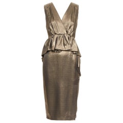 MOSCHINO rustic metallic gold draped peplum V-neck midi cocktail dress IT40 S