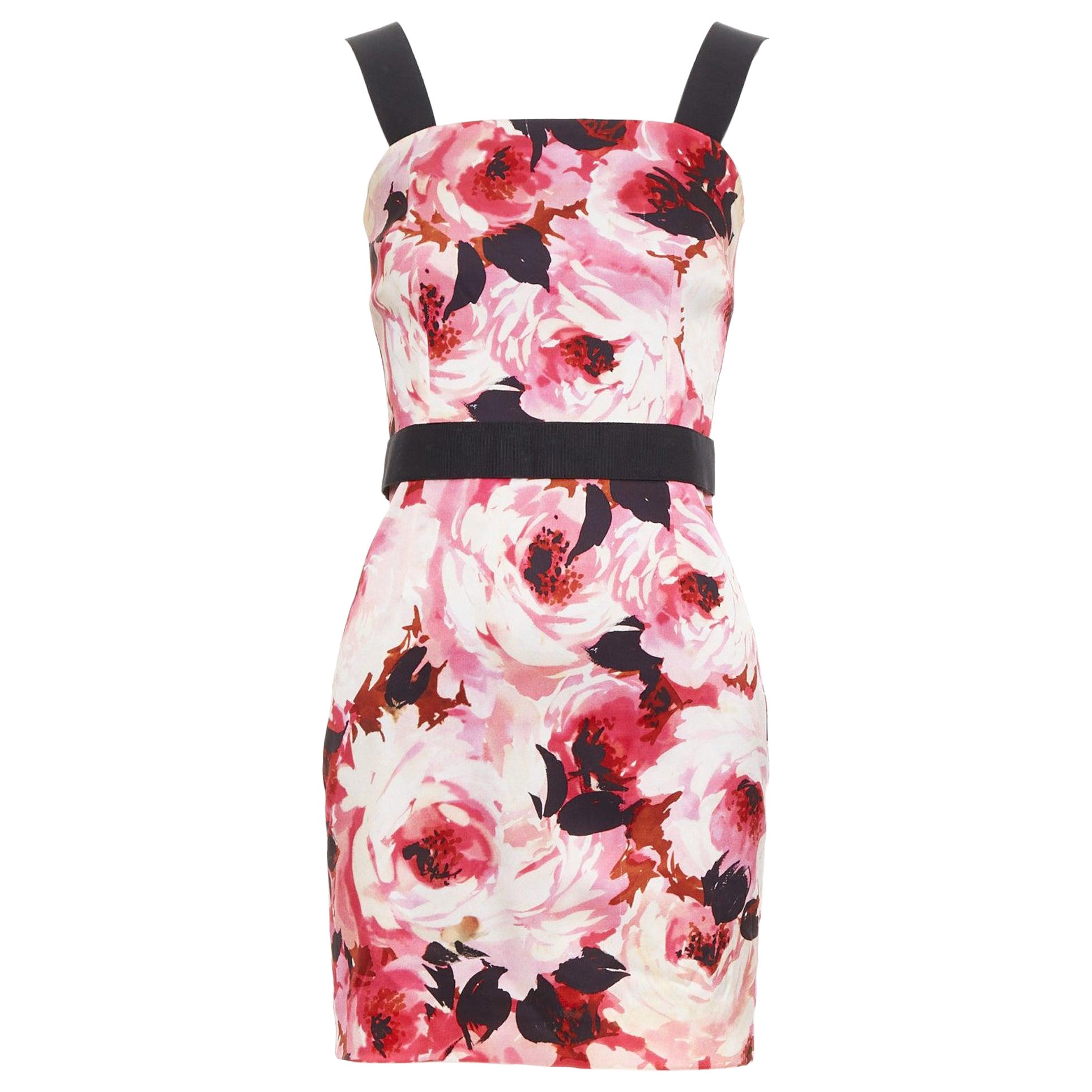 DOLCE GABBANA Vintage pink rose peonies floral black strap mini dress IT40 S For Sale