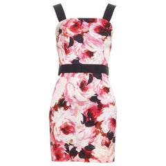 DOLCE GABBANA Vintage pink rose peonies floral black strap mini dress IT40 S