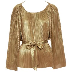 HALSTON HERITAGE gold accordion pleated gathered shoulder tie goddess top US10 L