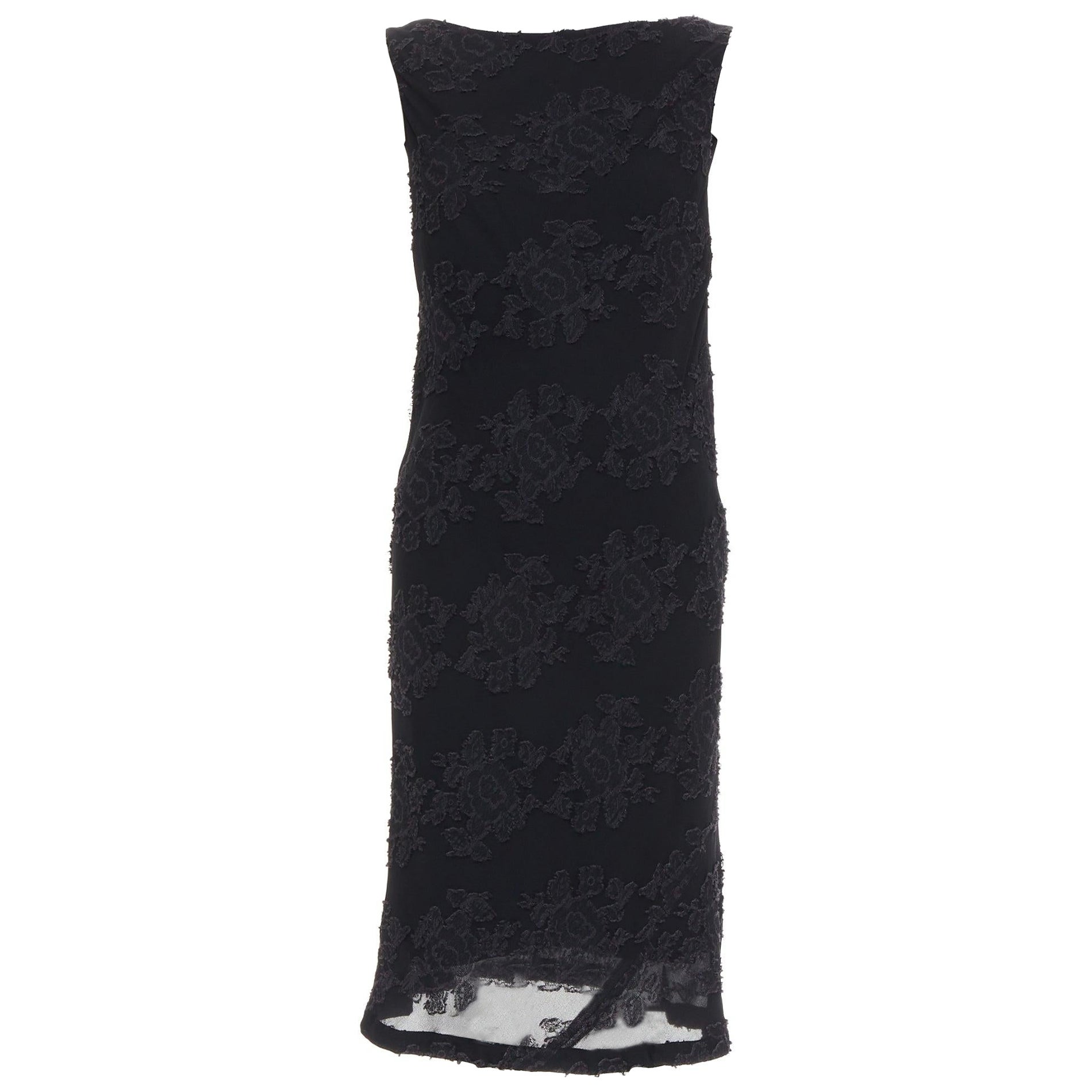 JIL SANDER black floral cloque applique sheer overlay bias dress FR38 M For Sale