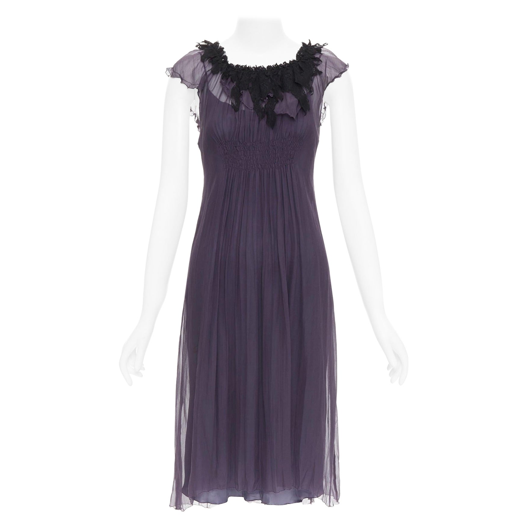 LANVIN Vintage purple silk black lace trim ruched waist sheer dress FR38 M For Sale