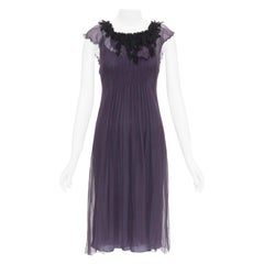 LANVIN Vintage purple silk black lace trim ruched waist sheer dress FR38 M