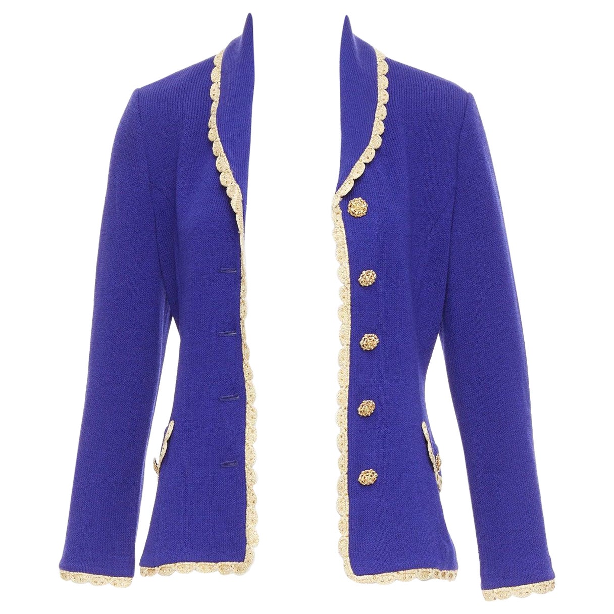 ST JOHN Evening Vintage cobalt blue gold scallop trim jacket US2 S For Sale