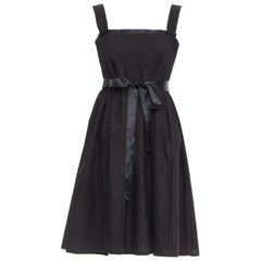 BURBERRY LONDON black cotton pleated waist ribbon tie babydoll dress UK8 S