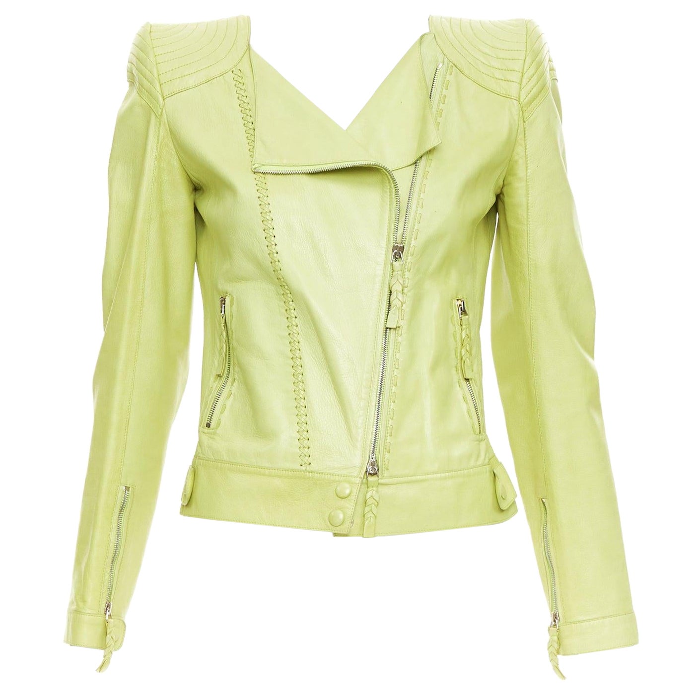 ROBERTO CAVALLI lime green leather moto power shoulder biker jacket IT38 XS For Sale