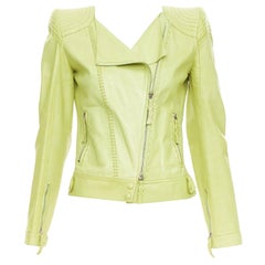 ROBERTO CAVALLI lime green leather moto power shoulder biker jacket IT38 XS