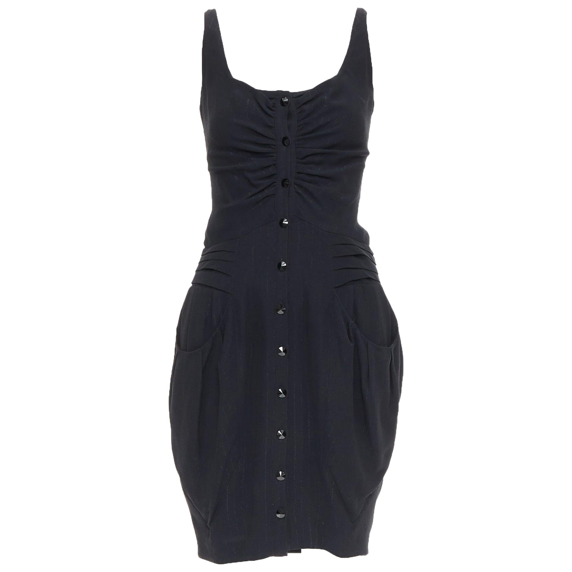 BALMAIN black lurex pinstripe ruched front scoop neck curvy mini dress FR36 S For Sale