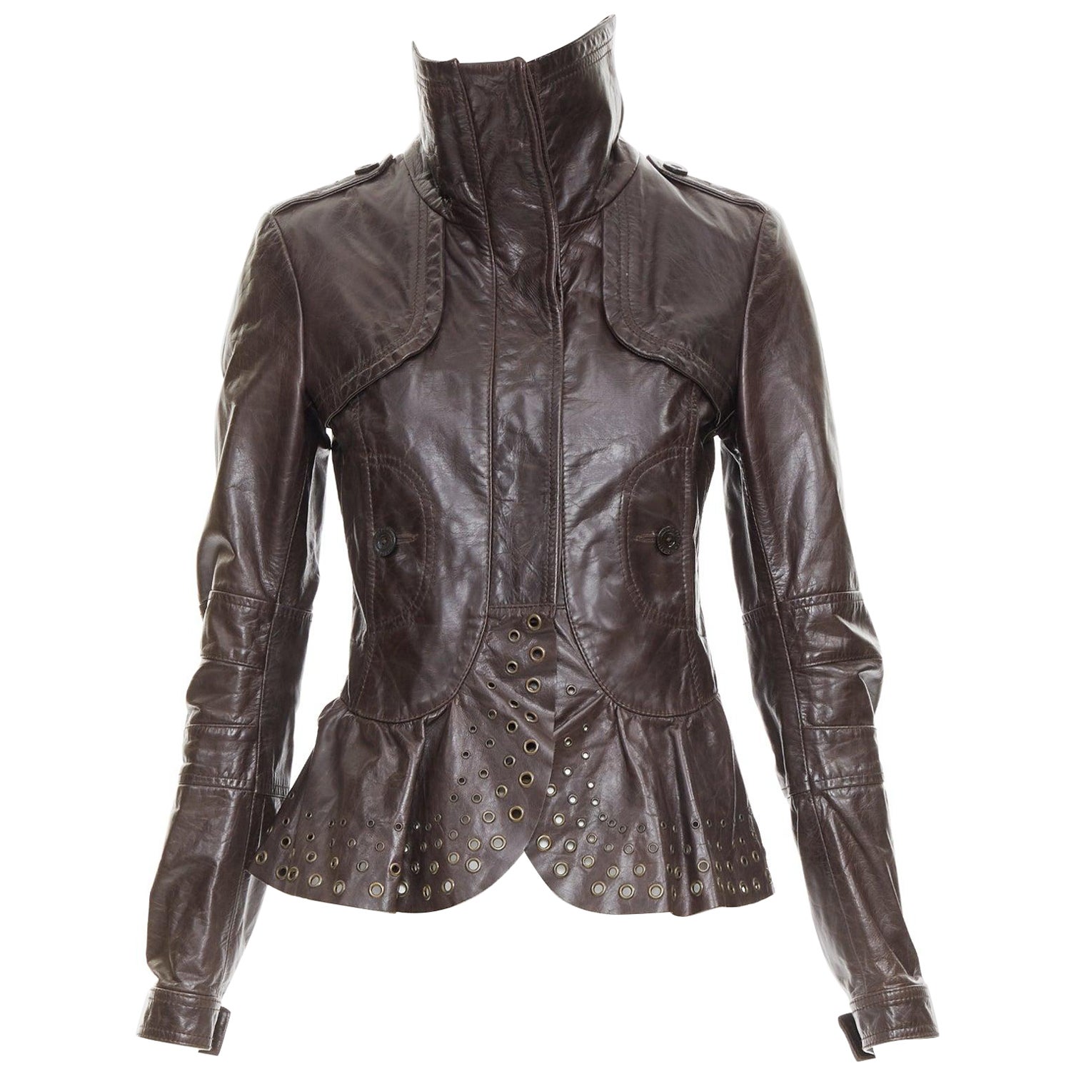 PATRIZIA PEPE brown stiff leather eyelet stud high collar biker jacket IT42 M For Sale