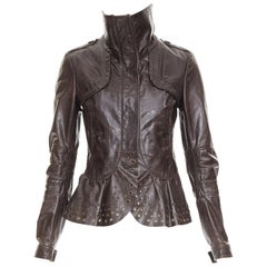 PATRIZIA PEPE brown stiff leather eyelet stud high collar biker jacket IT42 M