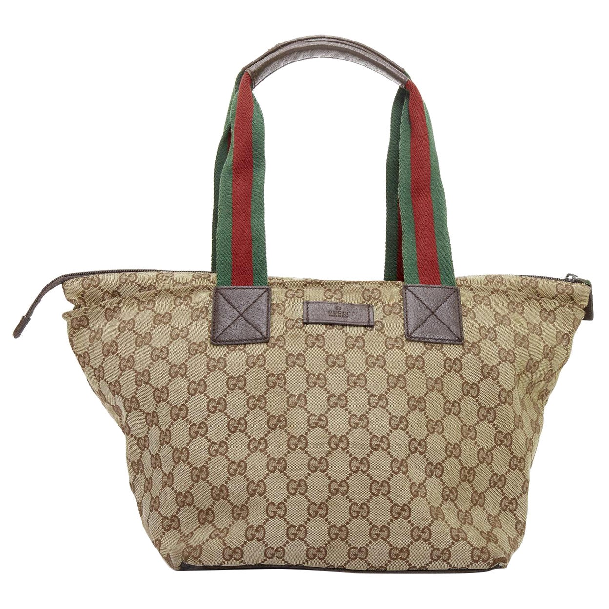 GUCCI GG beige canvas web sherry line leather trim tote bag For Sale