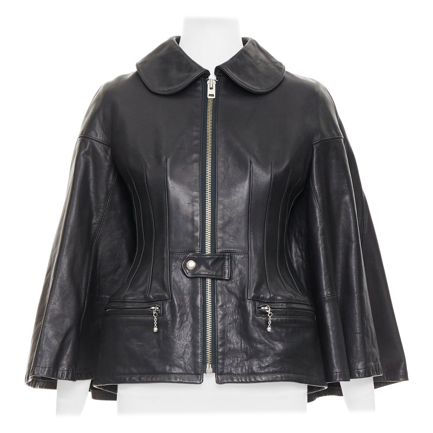 JUNYA WATANABE 2011 Runway black leather pleated corset caped jacket XS For Sale