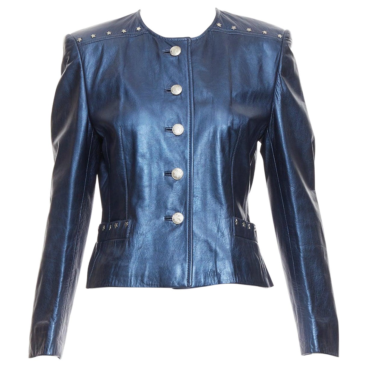 ESCADA Vintage 1980s Starry Night metallic blue leather stud jacket FR34 S For Sale