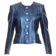 ESCADA Vintage 1980s Starry Night metallic blue leather stud jacket FR34 S