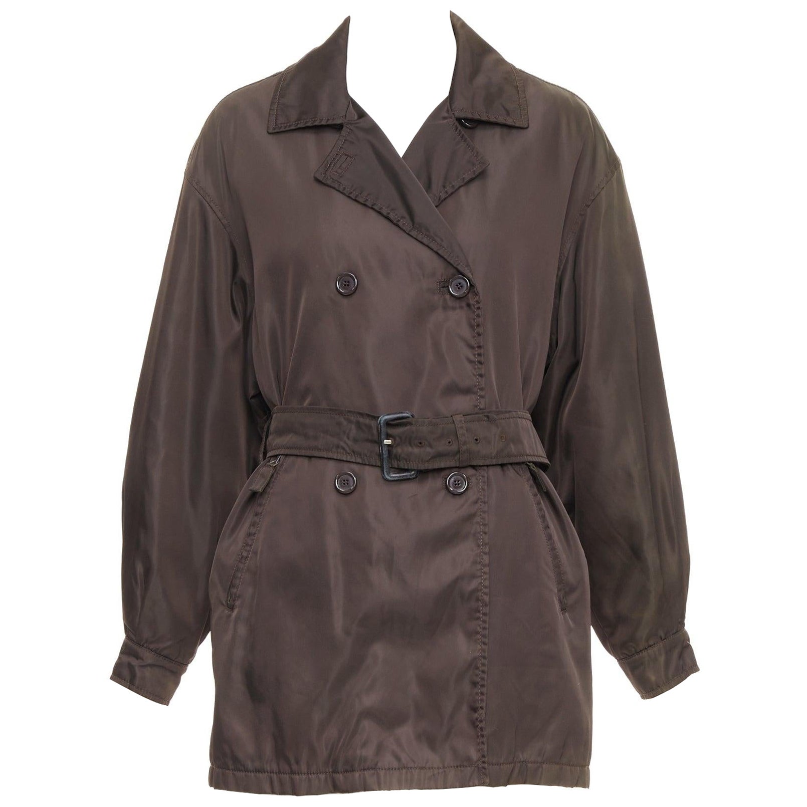 PRADA brown low sheen nylon double breasted short trench coat For Sale
