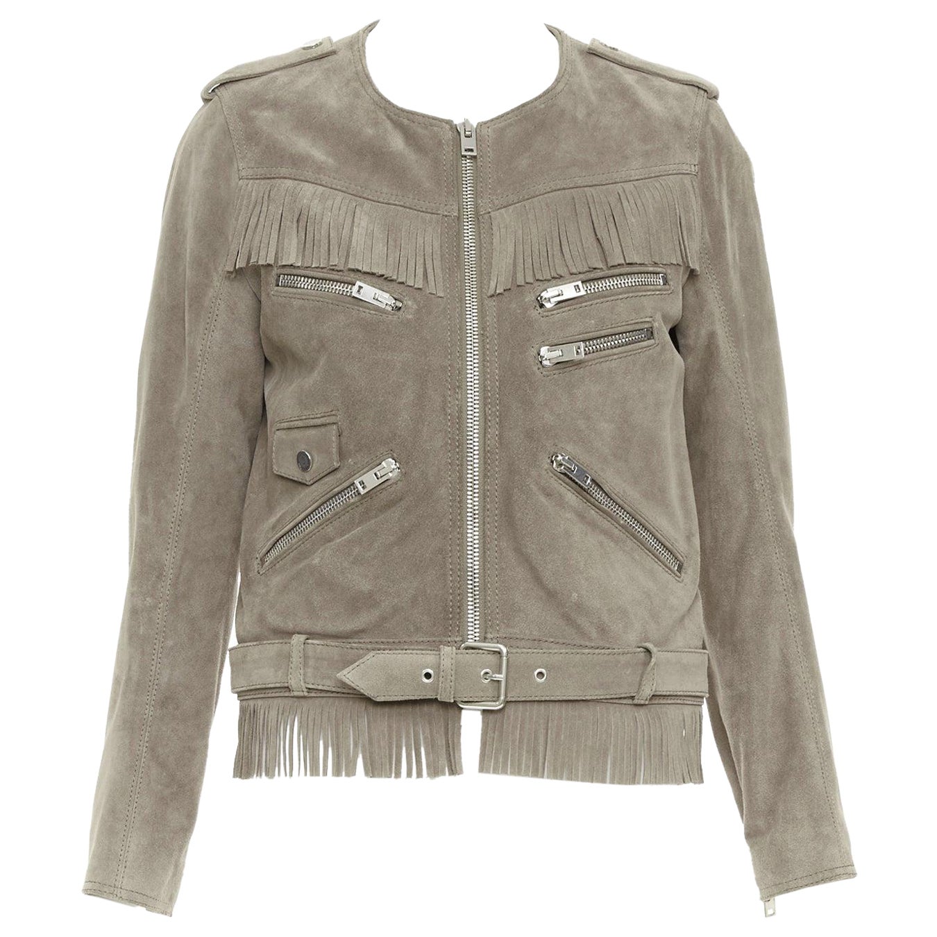 THE KOOPLES taupe cow suede leather western fringe belted biker jacket M For Sale