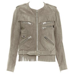 THE KOOPLES taupe cow suede leather western fringe belted biker jacket M
