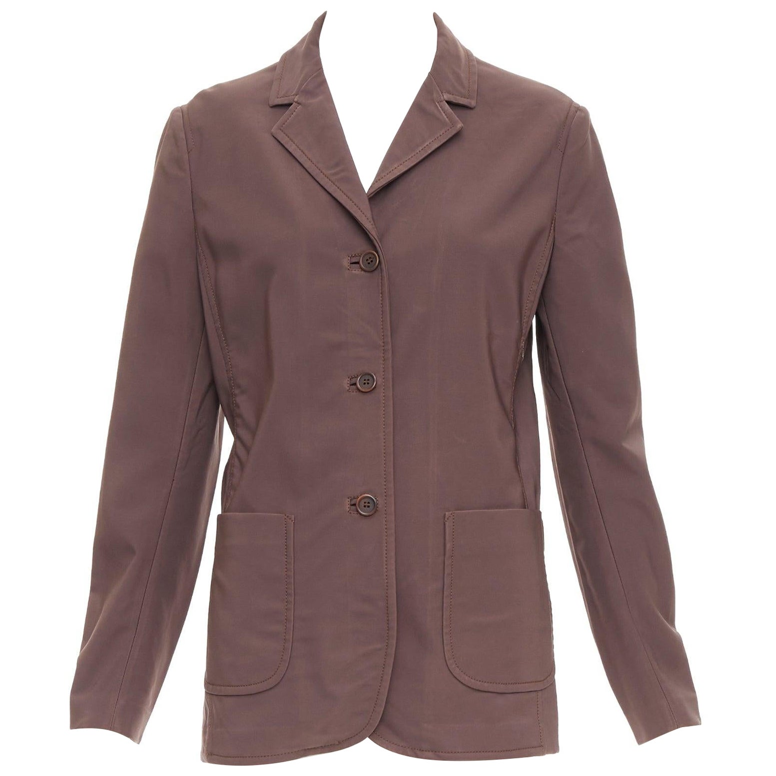 PRADA Vintage brown low sheen twill patch pocket notch lapel jacket IT46 XL For Sale