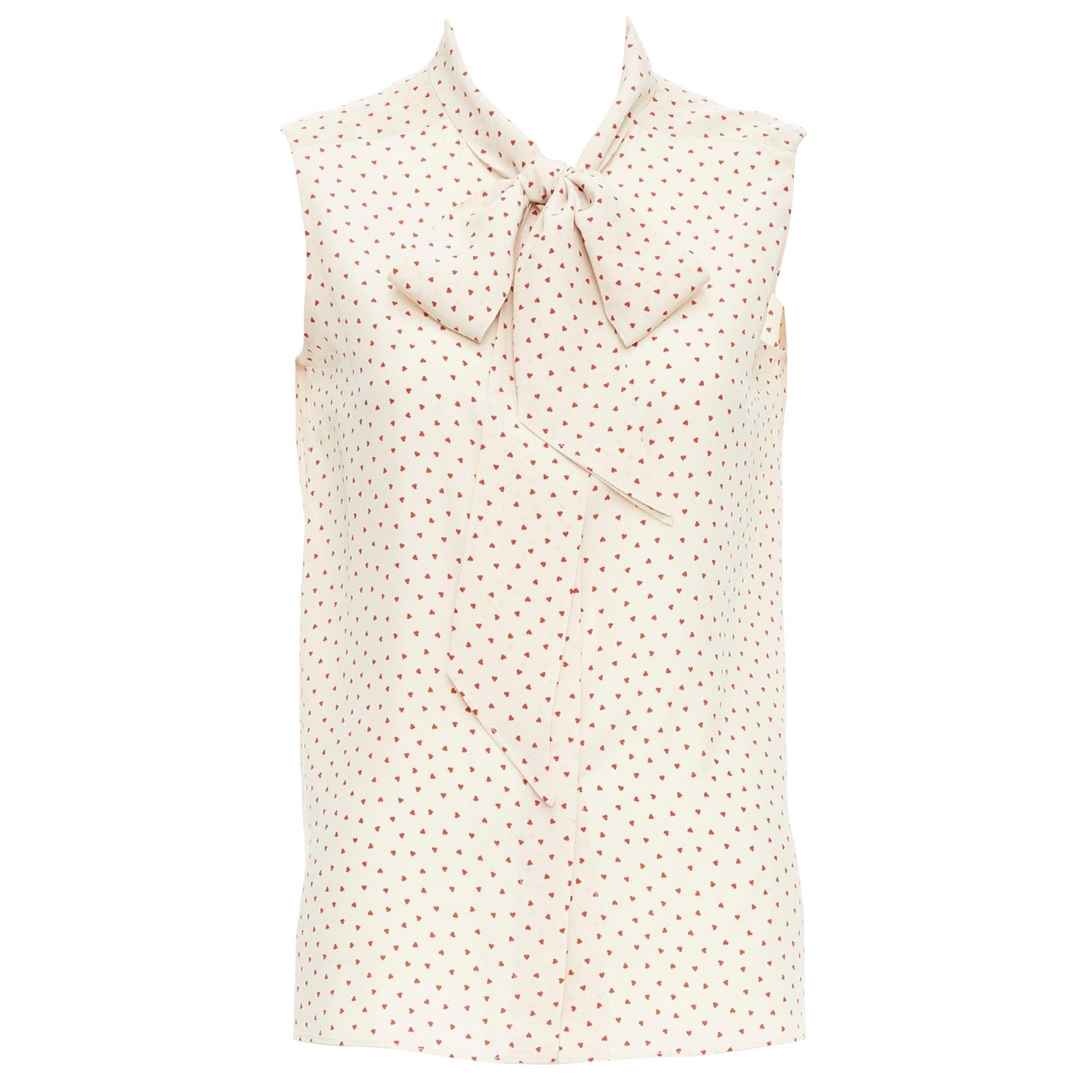 OLD CELINE Phoebe Philo cream red micro heart pussy bow neck tie blouse FR36 S For Sale