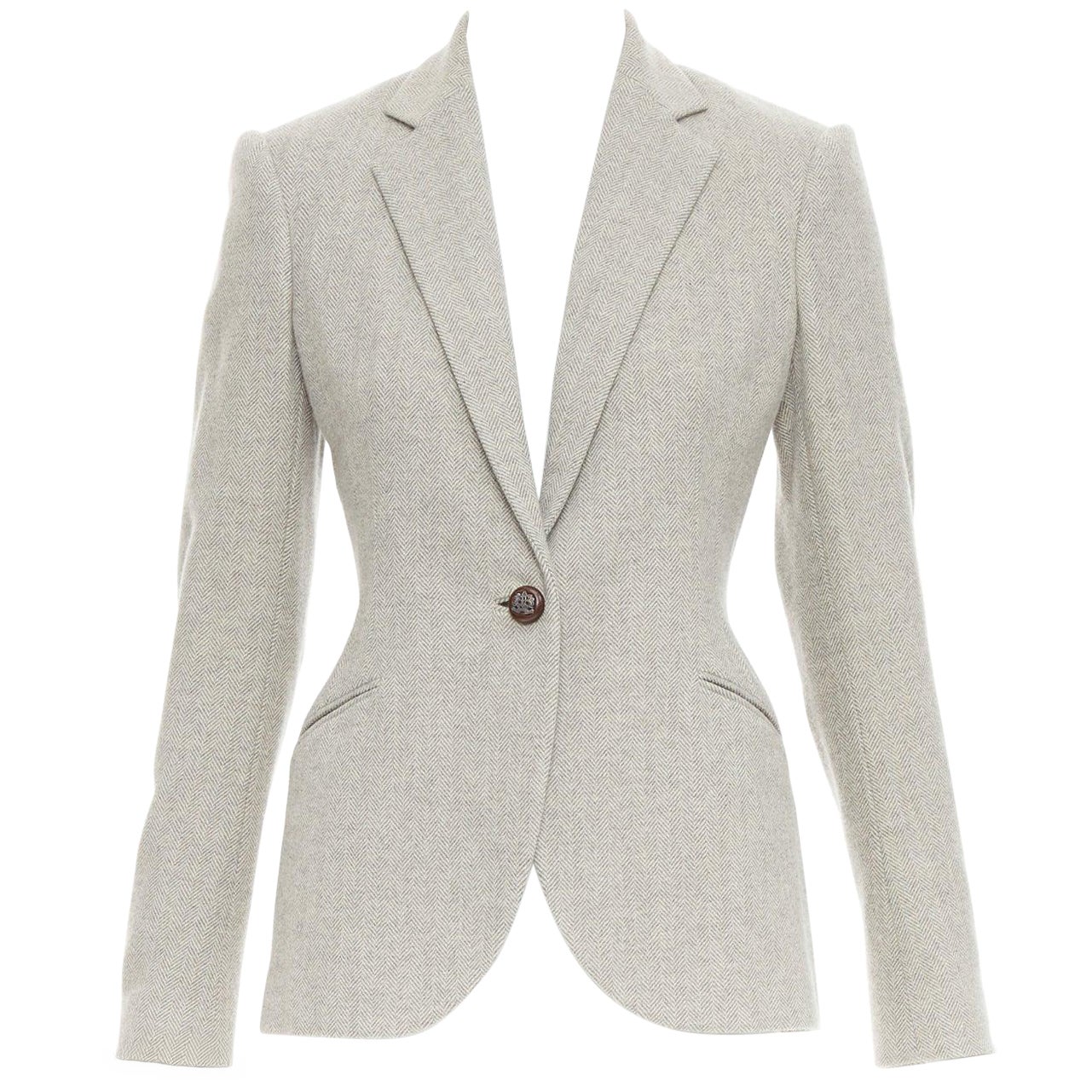 RALPH LAUREN Black Label Blazer aus Merinowolle mit Lederknöpfen in Fischgrätmuster US2 S im Angebot